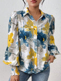 Print Turn Down Collar Puff Sleeve Shirt