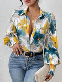 Print Turn Down Collar Puff Sleeve Shirt