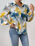 Print Turn Down Collar Puff Sleeve Shirt