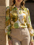 Print Turn Down Collar Puff Sleeve Shirt