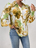Print Turn Down Collar Puff Sleeve Shirt