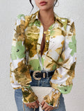 Print Turn Down Collar Puff Sleeve Shirt