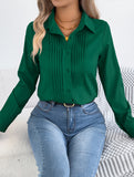 Solid Pleated Button Long Sleeve Blouse_CWTBLL02379