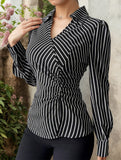 Asymmetric Tie Waist Stripe Shirt Top
