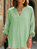 V-neck cotton and linen plus size pullover shirt