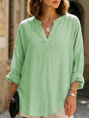 V-neck cotton and linen plus size pullover shirt