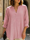 V-neck cotton and linen plus size pullover shirt