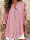 V-neck cotton and linen plus size pullover shirt