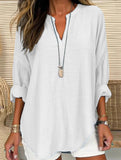 V-neck cotton and linen plus size pullover shirt