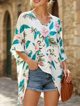 V Neck Printed Bat Sleeve Top with Loose Baggy Fit
