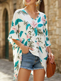 V Neck Printed Bat Sleeve Top with Loose Baggy Fit