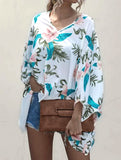 V Neck Printed Bat Sleeve Top with Loose Baggy Fit
