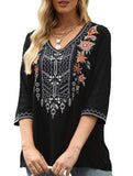 Cotton V-Neck Plus Size Embroidered Blouse | Black and Brown