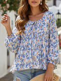 Lace-Up Printed Loose Shirt ??Women's Casual Bohemian Blouse