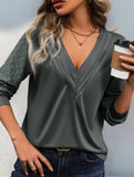DEEP V-NECK PLEATED SOLID COLOR SIMPLE TOP