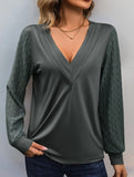 DEEP V-NECK PLEATED SOLID COLOR SIMPLE TOP