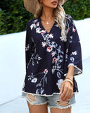V-Neck Five Quarter Sleeve Printed Baggy Top ??Relaxed & Stylish