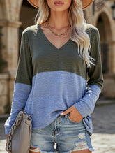 Color contrast patchwork V-neck long sleeve Tshirt