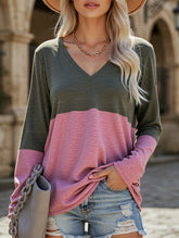 Color contrast patchwork V-neck long sleeve Tshirt