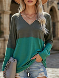 Color contrast patchwork V-neck long sleeve Tshirt