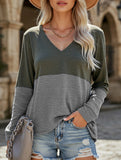 Color contrast patchwork V-neck long sleeve Tshirt