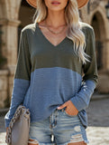 Color contrast patchwork V-neck long sleeve Tshirt