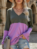 Color contrast patchwork V-neck long sleeve Tshirt