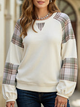 PLAID COLOR CONTRAST PATCHWORK ROUND NECK HOODIE