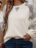 PLAID COLOR CONTRAST PATCHWORK ROUND NECK HOODIE