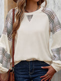 PLAID COLOR CONTRAST PATCHWORK ROUND NECK HOODIE