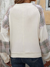 PLAID COLOR CONTRAST PATCHWORK ROUND NECK HOODIE