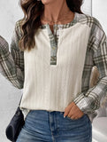 PLAID PATCHWORK LONG-SLEEVED CREW NECK T-SHIRT