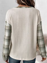 PLAID PATCHWORK LONG-SLEEVED CREW NECK T-SHIRT