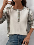 PLAID PATCHWORK LONG-SLEEVED CREW NECK T-SHIRT