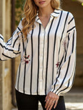 Stripe Sleeve Shirt with Stand Collar and Long Sleeves