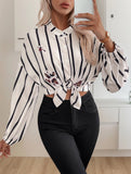 Stripe Sleeve Shirt with Stand Collar and Long Sleeves