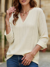 V-neck mid-sleeve button-up jacquard T-shirt