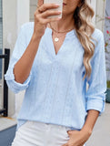 V-neck mid-sleeve button-up jacquard T-shirt