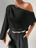 Slanted Neck Loose Fit Off Shoulder Top ??Chic & Breezy Women's Blouse