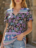 FLOWER PATTERNED HALF BUTTON V NECK TUNIC TOP