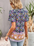 FLOWER PATTERNED HALF BUTTON V NECK TUNIC TOP