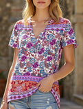 FLOWER PATTERNED HALF BUTTON V NECK TUNIC TOP