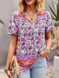 FLOWER PATTERNED HALF BUTTON V NECK TUNIC TOP