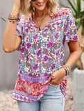 FLOWER PATTERNED HALF BUTTON V NECK TUNIC TOP