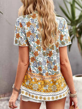 FLOWER PATTERNED HALF BUTTON V NECK TUNIC TOP