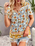 FLOWER PATTERNED HALF BUTTON V NECK TUNIC TOP