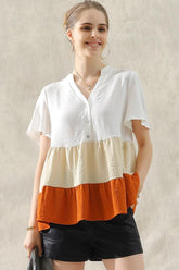 BUTTON UP COLOR BLOCK RUFFLED TUNIC TOP - Doublju