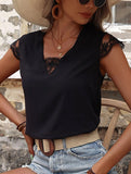 MESH LACE POINT CAP SLEEVE CHIFFON BLOUSE