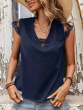 MESH LACE POINT CAP SLEEVE CHIFFON BLOUSE