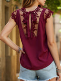 MESH LACE POINT CAP SLEEVE CHIFFON BLOUSE